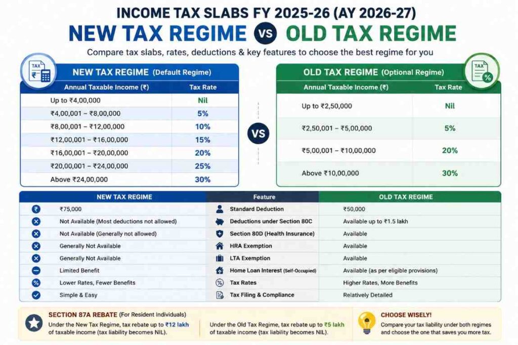 Income Tax Slabs for FY 2025-26 (AY 2026-27)-New vs Old Tax Regime Explained (2026 Guide)
